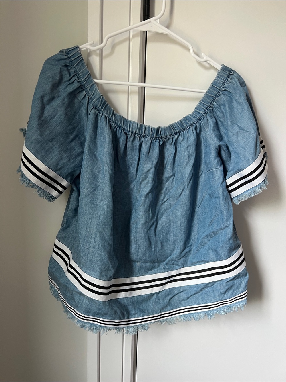 Plenty by Tracy Reese Light Blue Off-Shoulder Top with Stripe Trim